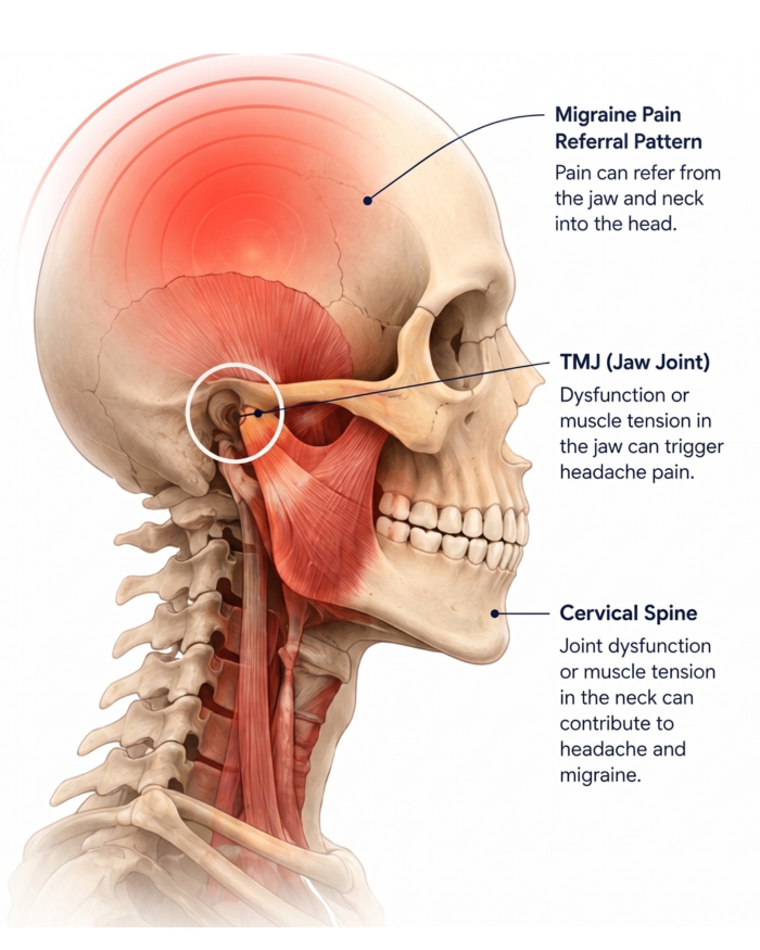 Anatomy diagram showing the migraine, TMJ jaw joint, and cervical spine connection